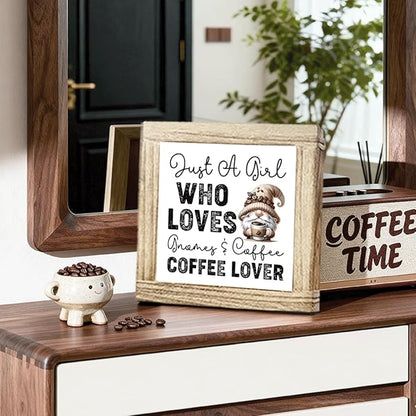 Coffees Wood Sign Just a Girl Who Loves Gnomes and Coffee Handcrafted Coffees Decor Funny Wooden Sign For Kitchen Home Office Bar Decor Cute Coffee Lover Gift Square Wood Cafe Art 5.9x5.9 Inch