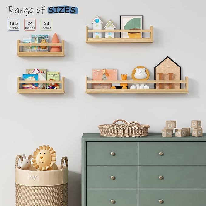Wooden Wall Bookshelf for Kids Room, Large Nursery Floating Shelves for Kids Bedroom, Natural Wood Wall Mounted Bookshelves for Baby Toddler Classroom Library Books (36 Inch Long, 3-Pack)