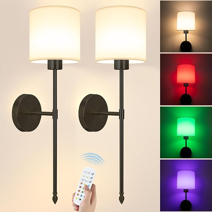 Battery Operated Wall Sconce Set of Two, 15 Colors Rechargeable Wall Lamp with Dimmable Bulbs and Remote, Black Wireless Wall Sconce for Bedroom Living Room Hallway