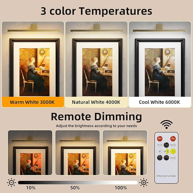 Picture Lights for Wall,Battery Operated Art Light,16in Gallery Light for Paintings,3CCT Dimmable,Metal Finish Recharging Battery Wall Light with Remote Control for Living Room Gallery(Gold)