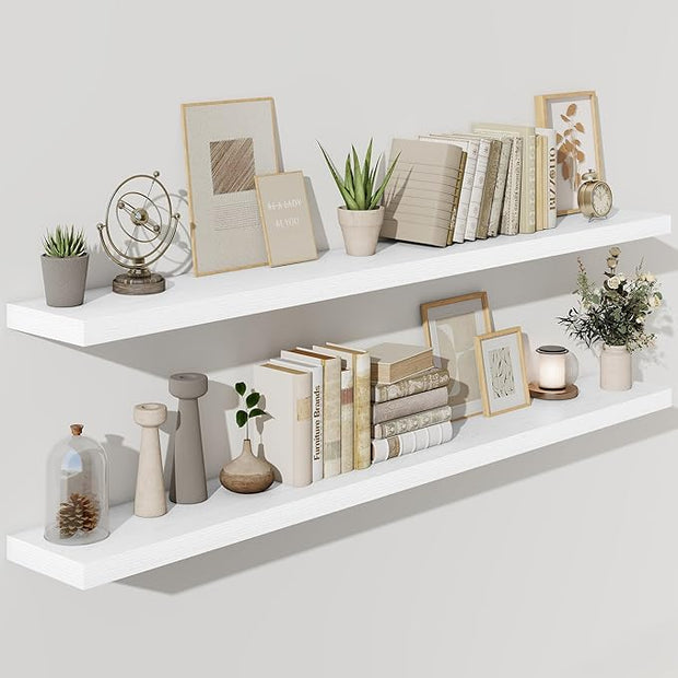 Fun Memories 72 Inch Floating Shelves for Wall, Fireplace Mantel Shelf with Invisible Heavy Duty Bracket, 8 Inch Deep Storage Shelf for Living Room, Kitchen, Farmhouse, White (2-Pack)