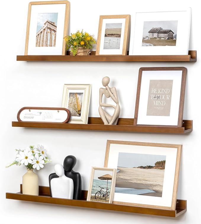 Picture Ledge Wall Shelves 36 inches Width Set of 3, Solid Pine Wood Rustic Floating Ledge Shelves for Wall for Kids' Room Bedroom Kitchen Bathroom Living Room Nursery Display Wall Decor, Walnut