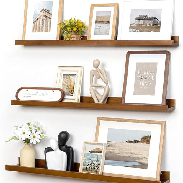 Picture Ledge Wall Shelves 36 inches Width Set of 3, Solid Pine Wood Rustic Floating Ledge Shelves for Wall for Kids' Room Bedroom Kitchen Bathroom Living Room Nursery Display Wall Decor, Walnut