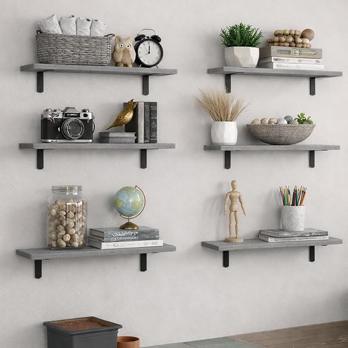 Floating Shelves Set of 6, Wooden Floating Shelves for Wall Decor, Farmhouse Shelf for Bedroom, Wall Mounted Bathroom Storage Shelves, Floating Book Shelves for Living Room