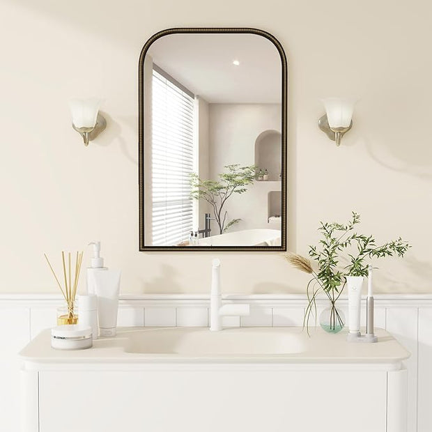 Axeman 22x30 Rounded Rectangular Wall Mirror, Decorative Bathroom Mirror, Traditional Vintage Wall Mounted Mirror with Beaded Frame for Accent Living Room Vanity Bedroom Entryway, Black