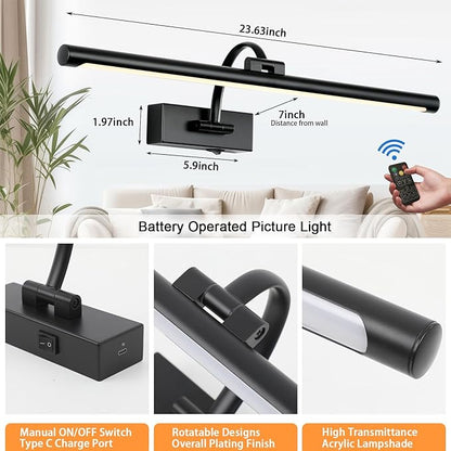 Picture Light Battery Operated with Remote, 3CCT Dimmable Picture Light for Paintings, Black Rechargeable 24 inch Battery Operated Wall Sconce for Art Lighting Gallery Portrait Artwork