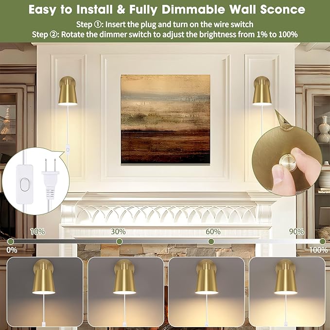 Dimmable Wall Sconces Plug in, Adjustable Angle Wall Lamps with Plug in Cord and Dimmer On/Off Knob Switch, Gold Wall Light with Metal Shade for Bedroom Bedside Doorway (2 Bulbs Included)