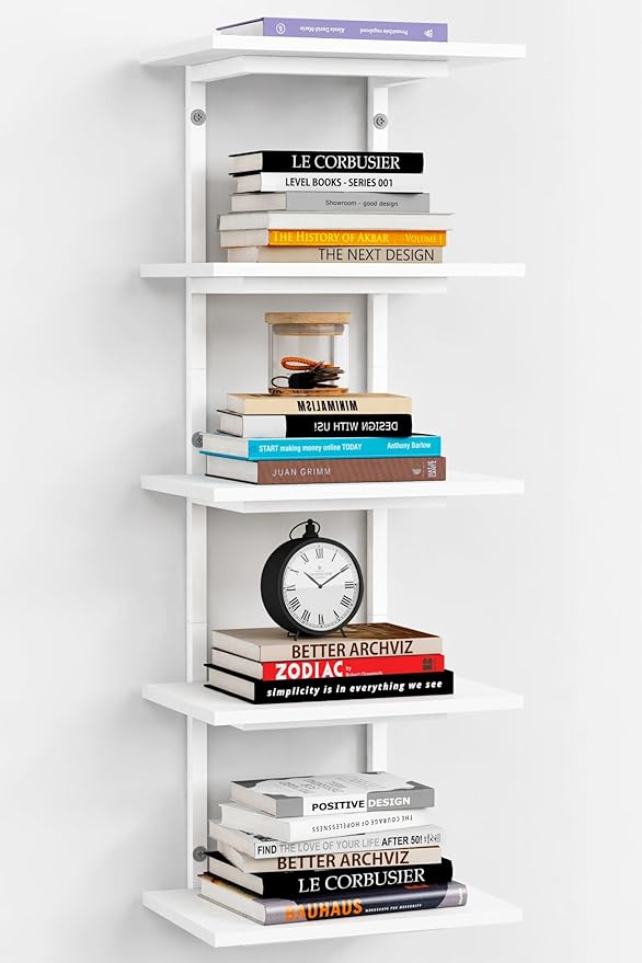 White 5 Tier Wall Shelf Unit for Shoes Display, Lack Wall Bookshelf for Bedroom, Vertical Tiered Floating Book Shelves for Office Living Room Bathroom Vanity Kitchen Closet Purses Bags