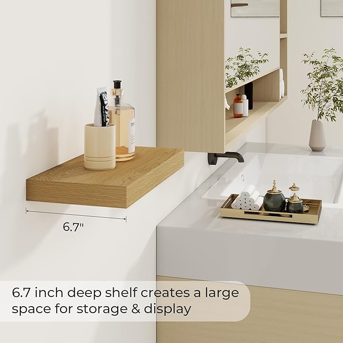 Dreamland 16 Inches Floating Shelves for Wall, 6.7 Inch Deep Floating Shelves Set of 2, Large Display & Storage Shelf, Wall Shelf for Bathroom Bedroom Living Room Kitchen Office,Oak