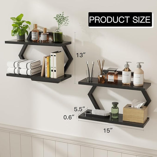 Floating Shelf- Floating Shelf for Wall Set of 2, 2 Tier Foating Shelves for Wall for Bathroom, Bedroom, Toilet, Kitchen, Living Room, Office, Black
