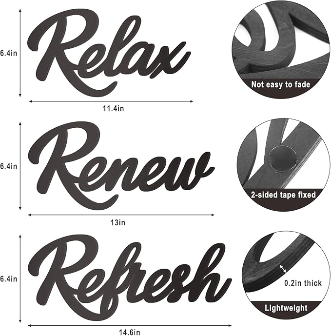 3 Pieces Bathroom Decor Wooden Bathroom Sign,Relax Renew Refresh Sign (Black-large)