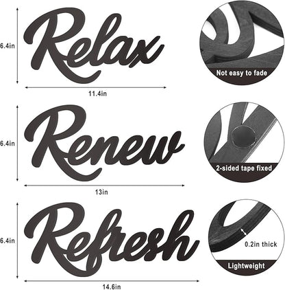 3 Pieces Bathroom Decor Wooden Bathroom Sign,Relax Renew Refresh Sign (Black-large)