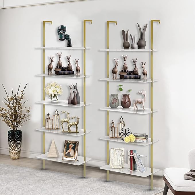 aboxoo Ladder Shelf 2PCS White Marble Bookshelf 5-Tier Wall-Mounted Wood Rack Open Industrial Modern Plant Flower Stand Utility Organizer Bookcase Metal Frame Furniture Office Kitchen Bedroom