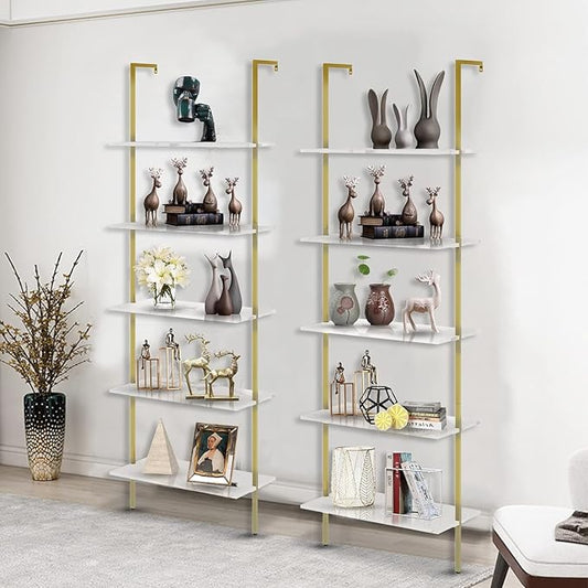 aboxoo Ladder Shelf 2PCS White Marble Bookshelf 5-Tier Wall-Mounted Wood Rack Open Industrial Modern Plant Flower Stand Utility Organizer Bookcase Metal Frame Furniture Office Kitchen Bedroom