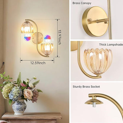 Battery Operated Wall Sconce, 2-Lights Vinatge Brass Wall Lighting Up and Down with Amber Tulip Shade for Living Room, Bedroom