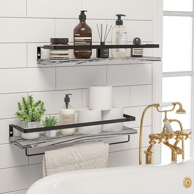 Floating Shelves for Wall, Bathroom Shelves with Towel Bar, Wall Mounted Storage Shelves for Kitchen, Bathroom, Set of 2 Grey