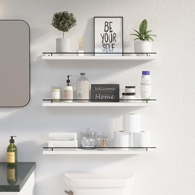 WOPITUES Floating Shelves 24 inch with Gold Metal Guardrail, Shelves for Wall Decor Set of 3, Wall Shelves for Bedroom, Bathroom, Kitchen, Living Room, Plants, Picture Frames, Art- Black and White