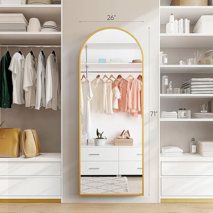 DUMOS Arched Full Length Mirror with Stand 71"x26" Floor Standing Aluminum Frame for Bedroom Body Hanging Leaning Modern Simple Home Decor Shatter-proorf Nano Glass Wall Living Room Cloakroom Gold