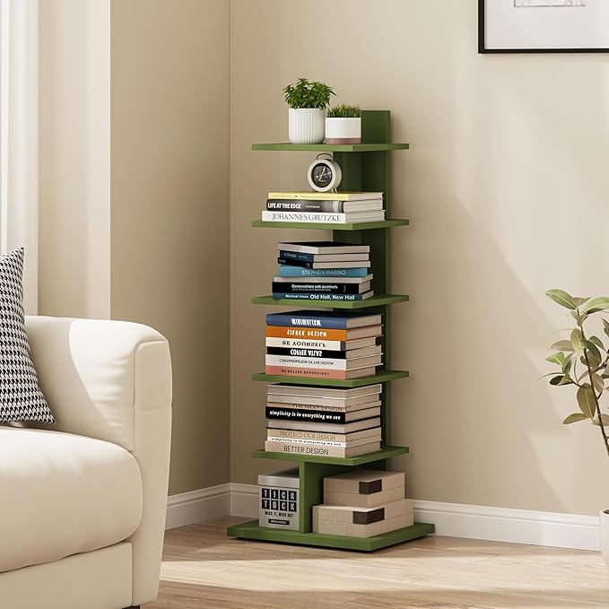 TUTOTAK Bookshelf, 6-Tier Bookcase, Narrow Spine Book Shelf for Small Space, Corner Standing Shelf for Living Room, Office, Study, Entryway, Olive Green BS06BOG016