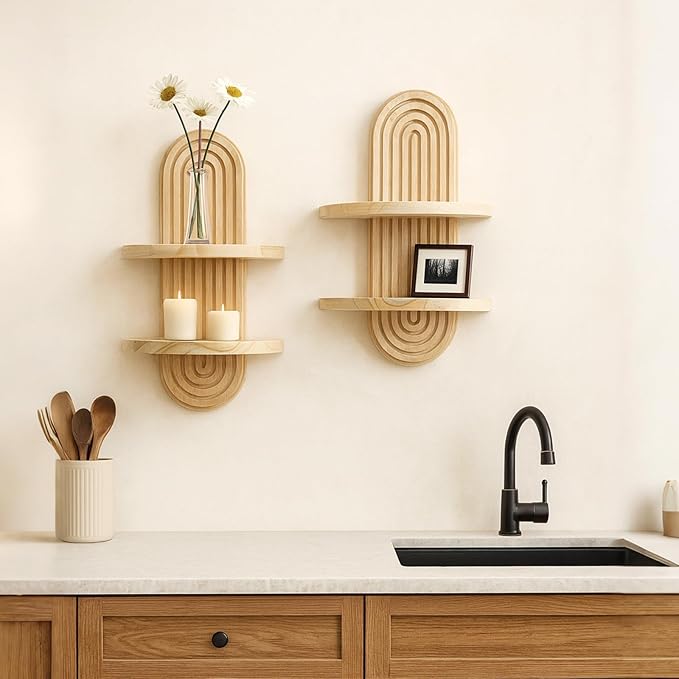 Artilady 2 Pack Boho Wall Hanging Shelf - Handmade 2 Tier Rainbow Arch Solid Wood Floating Shelves Wall Decor Small Trinket Storage Rack for Bedroom Living Room Nursery Bathroom