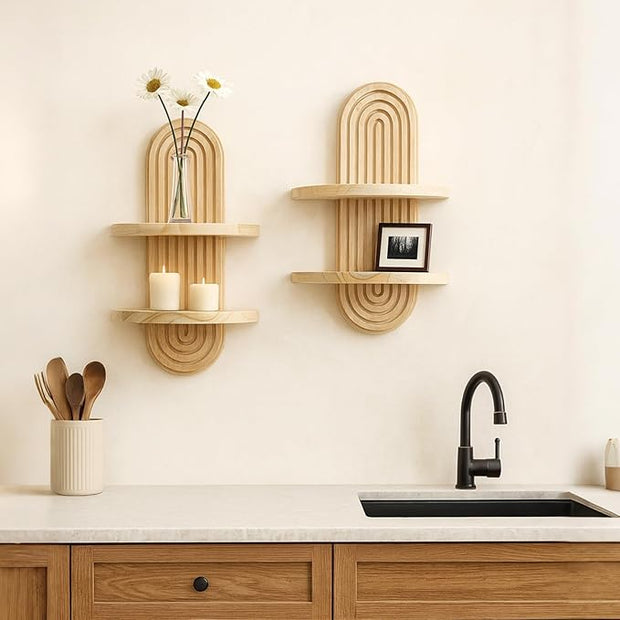Artilady 2 Pack Boho Wall Hanging Shelf - Handmade 2 Tier Rainbow Arch Solid Wood Floating Shelves Wall Decor Small Trinket Storage Rack for Bedroom Living Room Nursery Bathroom