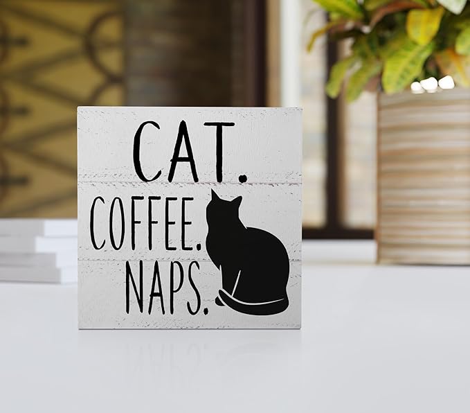 Cat & Coffee Nap Desk Sign, Rustic Wooden Block Decor for Home, Kitchen, Office - Funny Black Cat Theme