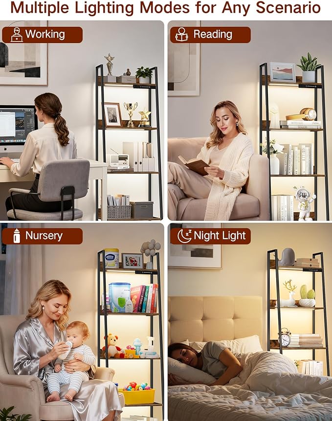 5-Tier Small Ladder Shelf with LED Lights, Touch & Remote Control, 3 Color Temperatures, Dimmable Tall Corner Standing Bookcase, Metal Wood Display Shelf for Living Room, Bedroom