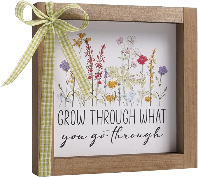 Grow Through What You Go Through Sign, 6 Inch Wooden Office Cubicle Decorations for Women, Boho Inspirational Desk Decor for Shelf Table Rustic Motivational Signs Wildflower Decorations