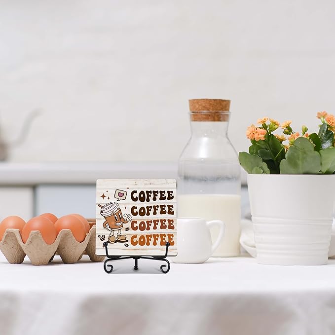 Coffee Bar Decor, Farmhouse Kitchen Table Decor, Coffee Station Accessories, Wooden Decorative Sign with Iron Stand for Table Desk Shelf Display-E29
