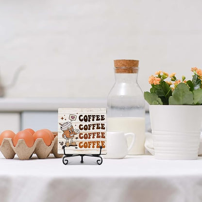 Coffee Bar Decor, Farmhouse Kitchen Table Decor, Coffee Station Accessories, Wooden Decorative Sign with Iron Stand for Table Desk Shelf Display-E29