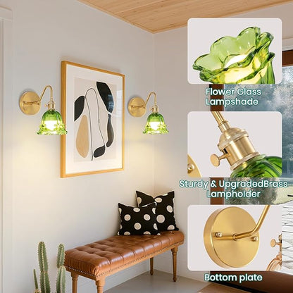 Battery Operated Wall Sconces, Set of Two RGB Color Dimmable Wall Sconce with Remote, Green Glass Lampshade Wall Decor Set of 2 for Living Room, Bedroom, Bedside, Bathroom