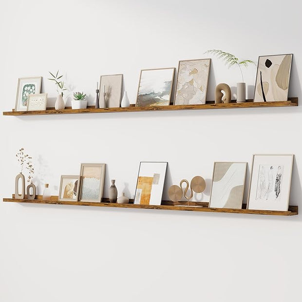 Fun Memories Picture Ledge Shelf, 60 Inch Floating Shelves Set of 2, Large Book Shelves for Toys Storage, Kids Bookshelf Wall Mounted for Wall Decor Books Photo Frames, Rustic Brown