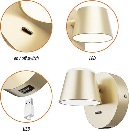 URSOLA Wall Light LED Wall Sconce with On/Off Switch USB Charging Port 110 Volt Hardwired Wall Lamp 350 Rotatable Up Down Sconces Wall Lighting (Champaign)