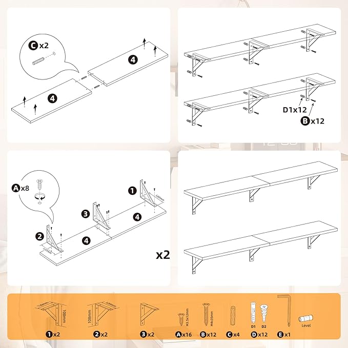 HOOBRO Floating Shelves, 30 Inch Wall Shelf Set of 2, Wall-Mounted Storage Shelves, Retro Hanging Shelf with Metal Frame, for Living Room, Bedroom, Bathroom, Kitchen, Rustic Brown and Black BF24BJ01