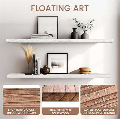 Floating Shelves 36 Inches Long, Set of 2 Solid Rustic Wood Wall Mounted Shelves, Wall Picture Ledge Shelf with Invisible Metal Brackets for Living Room, Bedroom, Bathroom, White