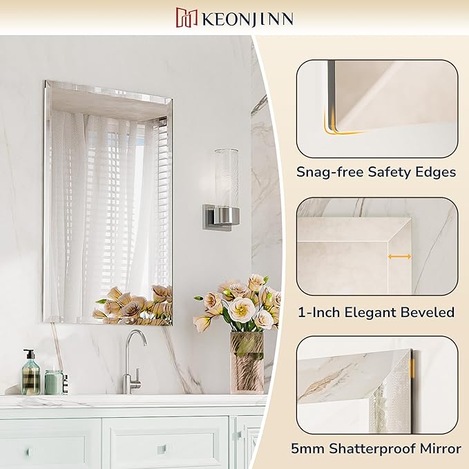 Keonjinn 42 x 36 Inch Bathroom Mirror with Beveled Edge, Frameless Mirrors for Over Sink, Rectangle Wall Mirror Shatterproof, Modern Decorative for Living Room, Entryway, Bedroom, Horizontal/Vertical