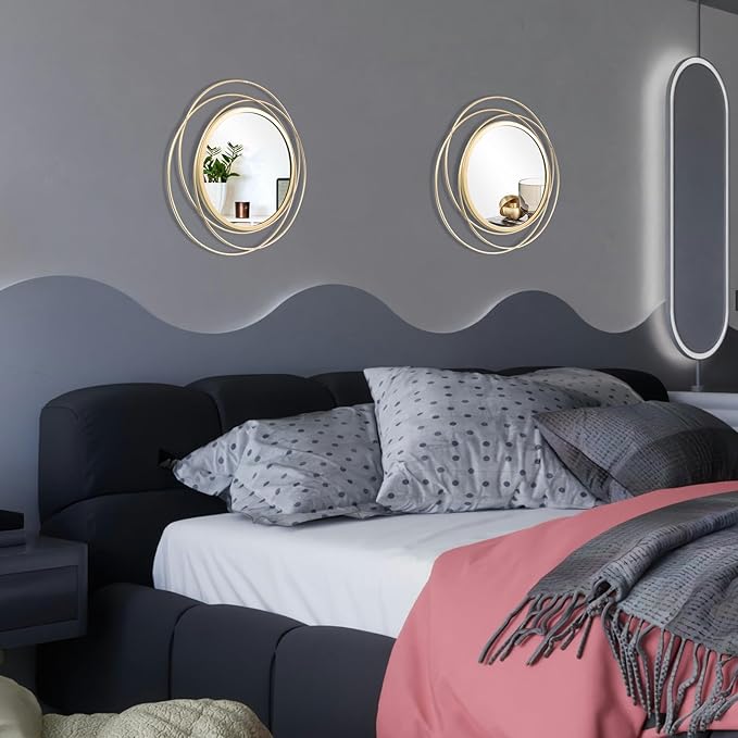 Cityelf 2 Set 13.3'' Gold Circle Mirrors Wall Decor Iron Frame Round Wall Art Hanging for Living Room/Bedroom/Bathroom/Entryway (Medium Size 13.3 inch)