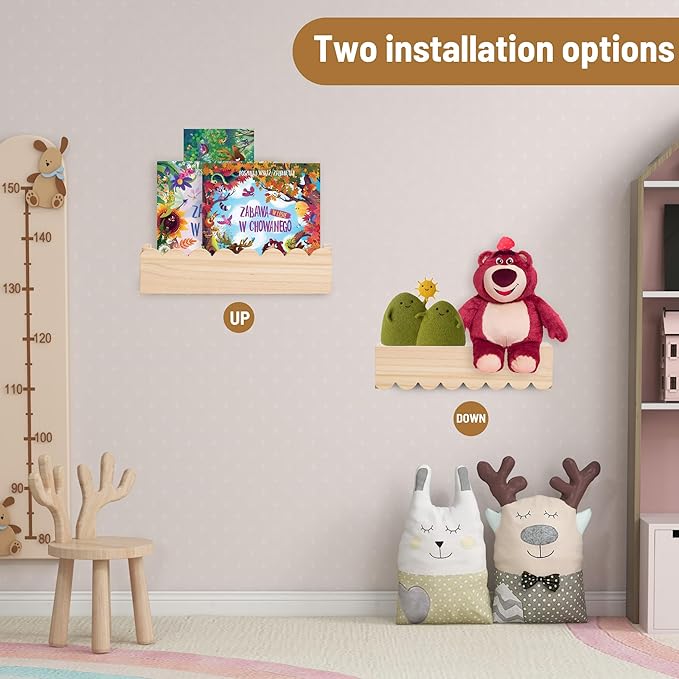 Wood Floating Shelves for Wall,Nursery Bookshelf,Kids Book Shelf,Baby Toys Storage Decor Organizer Wall Mounted for Living Room Bedroom,Wavy Edge,Preassembled,4 Pack,Scalloped Pine(Natural Wood)