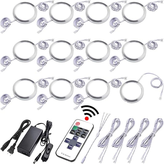 Small LED Puck Lights for Uplight or Downlight, 120V Hardwired & Plug in Cabinet Lights Kit, Wireless RF Remote Control Dimmable, Daisy Chained Linkable, White Wires, Daylight, 12 Lights
