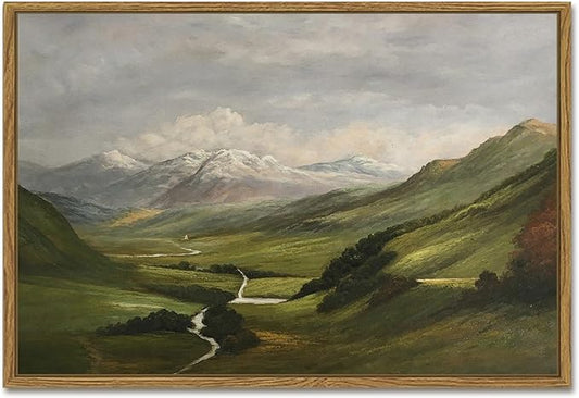 SHENIFY Landscape 16x24in Large Vintage Framed Canvas Wall Art Classical Mountain Range Valley Prints Farmhouse Bathroom Office Decor - Natural Framed