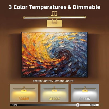 24“ Picture Lights for Wall, 8000mAh Rechargeable Wireless Picture Light with Remote, LED Wall Lights 3000K/4000K/6000K Dimmable, Art Lighting for Paintings Frame Gallery Dartboard, Brass