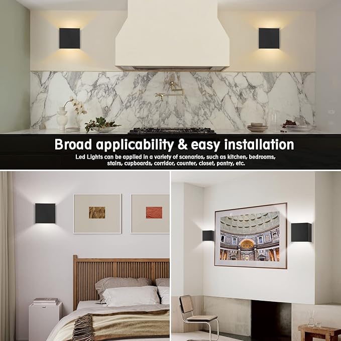 HEQIQEH Modern Battery Operated Cube Wall Sconces, LED Indoor Up and Down Wall Lamp with Remote Control, Dimmable Cordless Wall Lighting Fixtures for Living Room,Bedside (Black - 2 Pack)