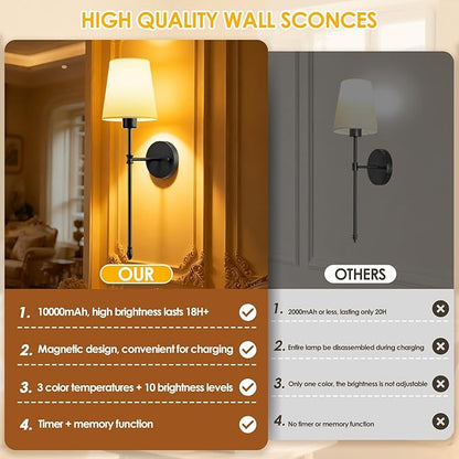 OCATO Battery Operated Wall Sconce: 10000mAh Wireless Wall Sconces Set of Two Rechargeable Lamp Dimmable Magnetic Lights with 7 RGB Colors and Remote Walls Decor for Bedroom Living Room Hallway
