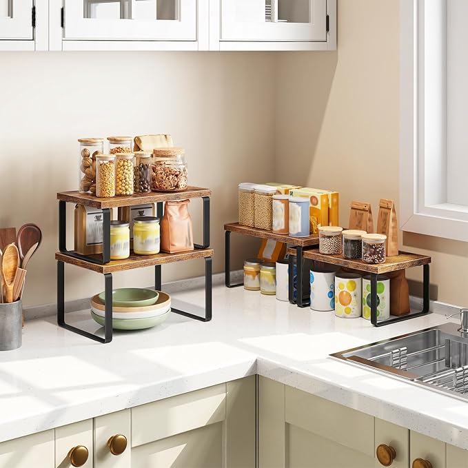 HOOBRO Cabinet Organizer Shelf Set of 4, Kitchen Counter Organizer, Kitchen Storage, Spice Rack, Nest, Stackable, Side-by-Side & L-Shape for Cabinet, Kitchen, Rustic Brown and Black BF33TLP201