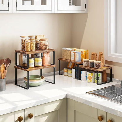 HOOBRO Cabinet Organizer Shelf Set of 4, Kitchen Counter Organizer, Kitchen Storage, Spice Rack, Nest, Stackable, Side-by-Side & L-Shape for Cabinet, Kitchen, Rustic Brown and Black BF33TLP201