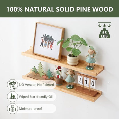 Wood Floating Shelves Set of 2 Pine Wood Wall Shelf 32 inches, Floating Shelf for Wall Mounted - Upgrade Width 5.85", Floating Display Shelves for Living Room Bedroom Kitchen Bathroom, Natural