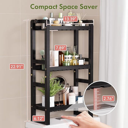AmazerBath Bamboo Over The Toilet Storage Shelf - 3-Tier Bathroom Organizers and Storage Shelves, 2 in 1 Dual Stable Above Over Toilet Bamboo Shelf Home Storages Rack for Small Bathroom, Black