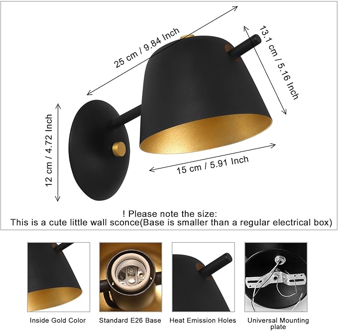 Kawell Modern Metal Wall Sconce Light Fixture Hardwired Indoor Night Light for Bedroom Living Room Kitchen Study Room, Minimalist Black Finish