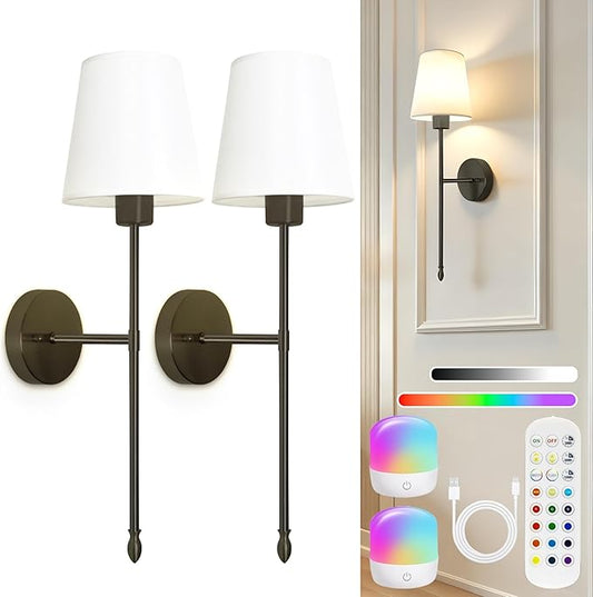 Battery Operated Wall Sconce Set of 2, Wireless Wall Sconce with Rechargeable Bulbs and Remote, 15 Colors & Dimmable, Black Sconces Wall Decor for Bedroom Living Room Hallway