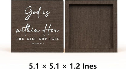 God Is Within Her Bible Verse Artwork Wooden Box Sign Rustic Farmhouse Style Psalm 46:5 Christian Wood Block Plaque 5x5 Inches Home Office Desk Decor for Gifts